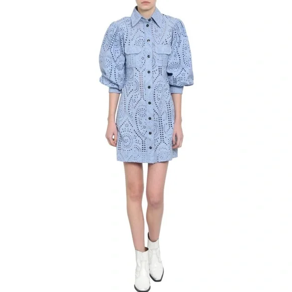 Ganni NWT Balloon-Sleeve Broderie Anglaise Mini Shirt Dress (Size 34) - Picture 4 of 8